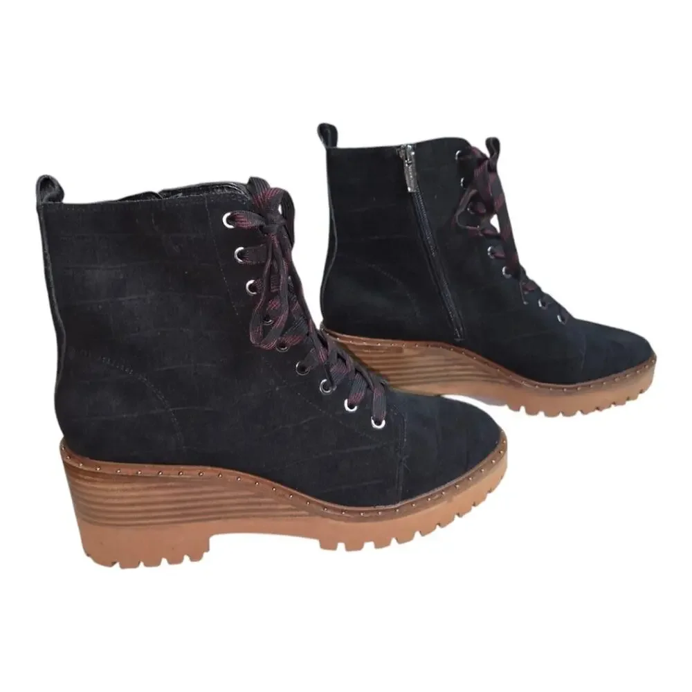 Vince Camuto Debsen Black Suede Croc Lug Sole Platform Combat Boot Lace Up 8.5